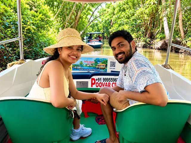 Couple on a private boat cruise through the Poovar mangroves – Poovar Boating